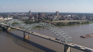 5.7K aerial stock footage a stationary view of the bridge and skyline of Downtown Memphis, Tennessee Aerial Stock Footage | DX0002_178_038