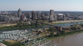 5.7K aerial stock footage approaching the bridge and the skyline of Downtown Memphis, Tennessee Aerial Stock Footage | DX0002_178_043