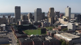 5.7K aerial stock footage of a wide orbit tall office towers and a baseball stadium in Downtown Memphis, Tennessee Aerial Stock Footage | DX0002_179_003