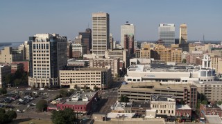 5.7K aerial stock footage ascend and approach high-rise office towers in Downtown Memphis, Tennessee Aerial Stock Footage | DX0002_179_017