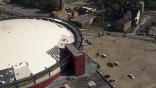 5.7K aerial stock footage of tilting to a bird's eye view of FedEx Forum arena and parking lot in Downtown Memphis, Tennessee Aerial Stock Footage | DX0002_179_026