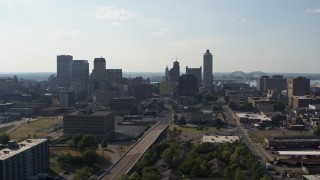 5.7K aerial stock footage ascend for a view of high-rise office buildings in Downtown Memphis, Tennessee skyline Aerial Stock Footage | DX0002_179_029