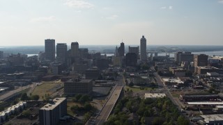 5.7K aerial stock footage a reverse view of high-rise office buildings in Downtown Memphis, Tennessee skyline Aerial Stock Footage | DX0002_179_030