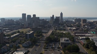 5.7K aerial stock footage a view of high-rise office buildings in Downtown Memphis, Tennessee skyline during descent Aerial Stock Footage | DX0002_179_031