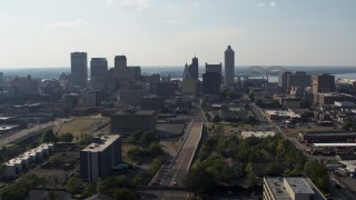 5.7K aerial stock footage ascend and approach high-rise office buildings in Downtown Memphis, Tennessee skyline Aerial Stock Footage | DX0002_179_032