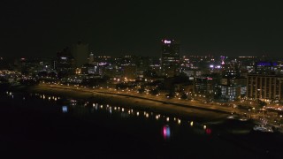 5.7K aerial stock footage approach downtown skyline from the river at night, Downtown Memphis, Tennessee Aerial Stock Footage | DX0002_182_012