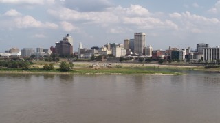 5.7K aerial stock footage approach city's skyline across the Mississippi River, Downtown Memphis, Tennessee Aerial Stock Footage | DX0002_183_015