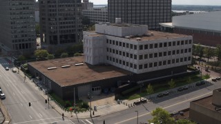 5.7K aerial stock footage of a reverse view of the Federal Reserve Bank in Downtown Memphis, Tennessee Aerial Stock Footage | DX0002_183_031