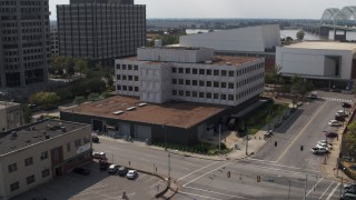 5.7K aerial stock footage of circling the Federal Reserve Bank in Downtown Memphis, Tennessee Aerial Stock Footage | DX0002_183_035