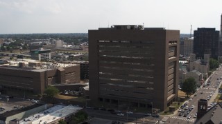 5.7K aerial stock footage of flying away from the county courthouse in Downtown Memphis, Tennessee Aerial Stock Footage | DX0002_184_005