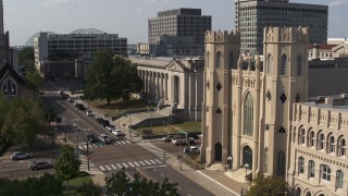 5.7K aerial stock footage of courthouse and church in Downtown Memphis, Tennessee Aerial Stock Footage | DX0002_184_028