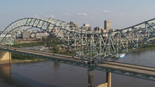 5.7K aerial stock footage of traffic crossing the bridge near welcome sign, Downtown Memphis, Tennessee Aerial Stock Footage | DX0002_185_009