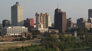 5.7K aerial stock footage apartment complex and office high-rise at sunset, Downtown Memphis, Tennessee Aerial Stock Footage | DX0002_185_035