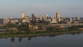 5.7K aerial stock footage the downtown skyline at sunset, orbit museum, Downtown Memphis, Tennessee Aerial Stock Footage | DX0002_186_012