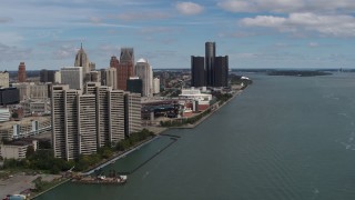 5.7K aerial stock footage of skyline seen from the river, and then approach Downtown Detroit, Michigan Aerial Stock Footage | DX0002_189_002