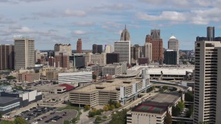 5.7K aerial stock footage of flying by the city's skyline, Downtown Detroit, Michigan Aerial Stock Footage | DX0002_189_013