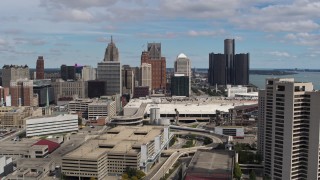 5.7K aerial stock footage a stationary view of skyscrapers in Downtown Detroit, Michigan Aerial Stock Footage | DX0002_189_022