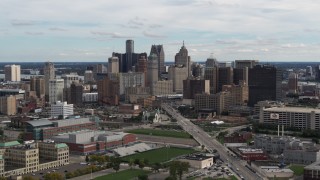 DX0002_190_017 - 5.7K aerial stock footage the towering skyscrapers in the city's skyline, Downtown Detroit, Michigan