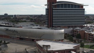 5.7K aerial stock footage a close orbit of the MotorCity Casino Hotel in Detroit, Michigan Aerial Stock Footage | DX0002_190_026