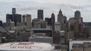 5.7K aerial stock footage a view of the city's skyline from over arena, Downtown Detroit, Michigan Aerial Stock Footage | DX0002_190_038