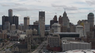 DX0002_190_041 - 5.7K aerial stock footage the city's downtown skyline seen from over the arena, Downtown Detroit, Michigan