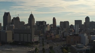 5.7K aerial stock footage of a view of the city skyline at sunset in Downtown Detroit, Michigan Aerial Stock Footage | DX0002_192_003