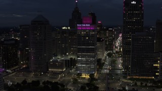 5.7K aerial stock footage orbit One Woodward Avenue skyscraper at twilight, Downtown Detroit, Michigan Aerial Stock Footage | DX0002_193_016