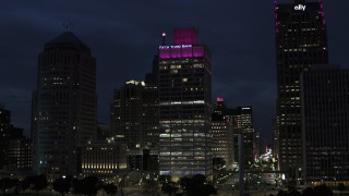 5.7K aerial stock footage fly toward the One Woodward Avenue skyscraper at twilight, Downtown Detroit, Michigan Aerial Stock Footage | DX0002_193_018