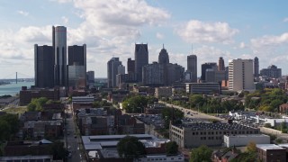 5.7K aerial stock footage of flying by GM Renaissance Center and the skyline in Downtown Detroit, Michigan Aerial Stock Footage | DX0002_194_009