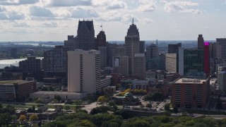 5.7K aerial stock footage of passing skyscrapers in the city's skyline in Downtown Detroit, Michigan Aerial Stock Footage | DX0002_194_028