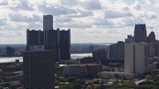 5.7K aerial stock footage orbit GM Renaissance Center beside the river in Downtown Detroit, Michigan Aerial Stock Footage | DX0002_194_031