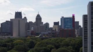 5.7K aerial stock footage of office tower, churches and the hotel and casino, Downtown Detroit, Michigan Aerial Stock Footage | DX0002_194_044