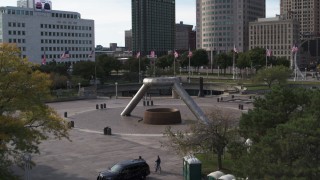 DX0002_196_024 - 5.7K aerial stock footage descend by the fountain in Hart Plaza in Downtown Detroit, Michigan