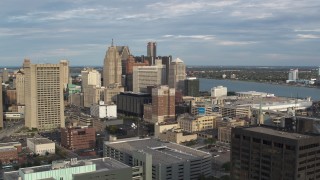 5.7K aerial stock footage of a stationary view of a group of skyscrapers in Downtown Detroit, Michigan Aerial Stock Footage | DX0002_196_037