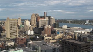 5.7K aerial stock footage of a slow, wide orbit of a group of skyscrapers in Downtown Detroit, Michigan Aerial Stock Footage | DX0002_196_038