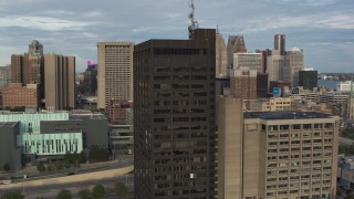 5.7K aerial stock footage of orbiting the Executive Plaza Building in Downtown Detroit, Michigan Aerial Stock Footage | DX0002_196_047