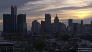 5.7K aerial stock footage of the city's skyline at sunset, Downtown Detroit, Michigan Aerial Stock Footage | DX0002_197_025