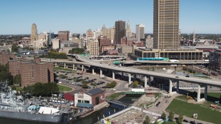 DX0002_200_008 - 5.7K aerial stock footage of light traffic on I-190 near skyline, Downtown Buffalo, New York