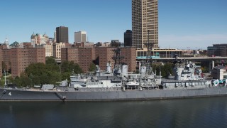 5.7K aerial stock footage of orbiting the USS Little Rock in Downtown Buffalo, New York Aerial Stock Footage | DX0002_200_017