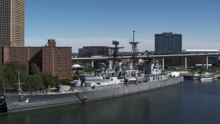 5.7K aerial stock footage orbit and approach the USS Little Rock in Downtown Buffalo, New York Aerial Stock Footage | DX0002_200_019