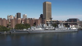 DX0002_200_022 - 5.7K aerial stock footage descend while focused on the USS Little Rock in Downtown Buffalo, New York