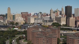 5.7K aerial stock footage of flying by County and City Hall in the city's skyline, Downtown Buffalo, New York Aerial Stock Footage | DX0002_201_002