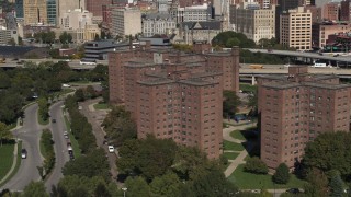 5.7K aerial stock footage descend past Marine Drive Apartments, Downtown Buffalo, New York Aerial Stock Footage | DX0002_201_005