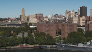 5.7K aerial stock footage orbit Marine Drive Apartments and reveal skyline, Downtown Buffalo, New York Aerial Stock Footage | DX0002_201_006