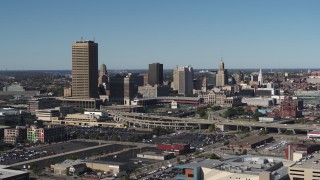 5.7K aerial stock footage of the city's skyline behind Sahlen Field, Downtown Buffalo, New York Aerial Stock Footage | DX0002_201_010