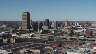 5.7K aerial stock footage slowly flyby the city's skyline behind Sahlen Field, Downtown Buffalo, New York Aerial Stock Footage | DX0002_201_011