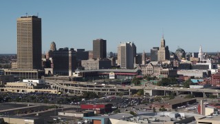 DX0002_201_030 - 5.7K aerial stock footage flyby the city's skyline behind Sahlen Field baseball stadium, Downtown Buffalo, New York