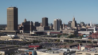 5.7K aerial stock footage of the city's skyline behind baseball stadium, Downtown Buffalo, New York Aerial Stock Footage | DX0002_201_031