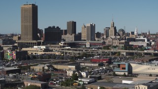 5.7K aerial stock footage of the baseball stadium and skyline in Downtown Buffalo, New York Aerial Stock Footage | DX0002_201_040