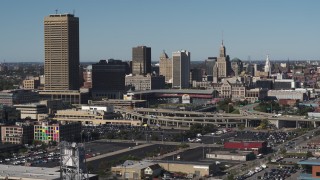 DX0002_201_041 - 5.7K aerial stock footage ascend for view of the baseball stadium and skyline in Downtown Buffalo, New York